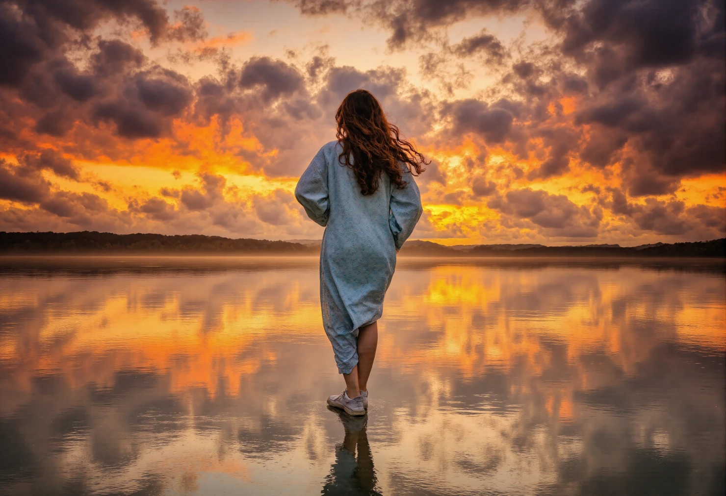 Woman Standing by Lake Reflecting Sunset Sky #40098