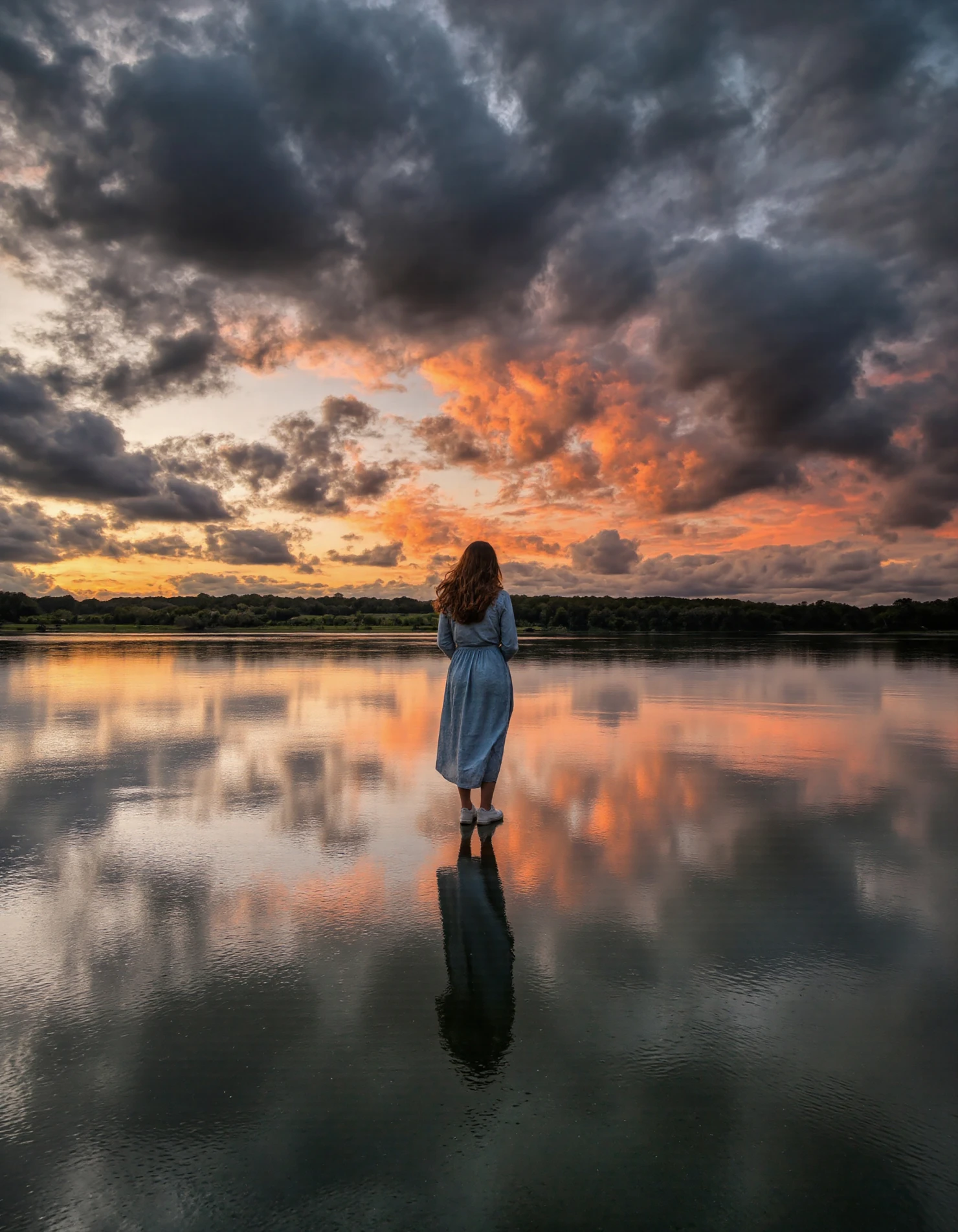 Woman gazing at sunset over a tranquil lake, reflection in water #40099