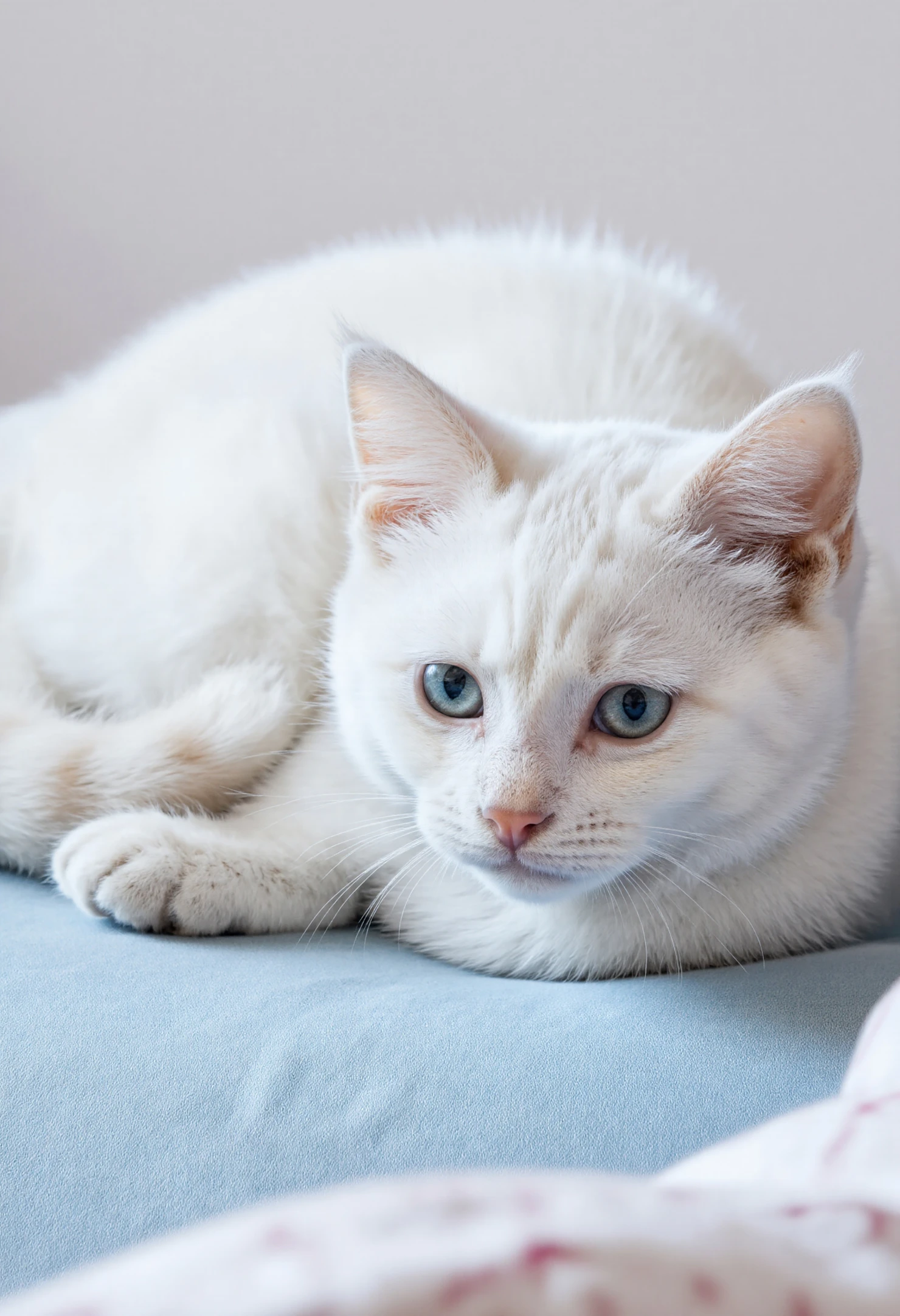 Charming White Cat with Blue Eyes Resting on a Soft Surface #40102
