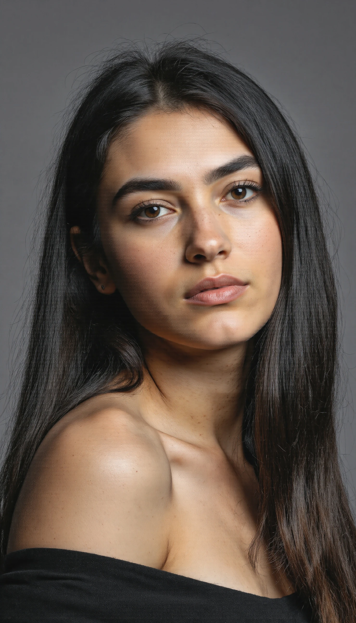 Portrait of a young woman with long dark hair, looking directly at the camera. #40106