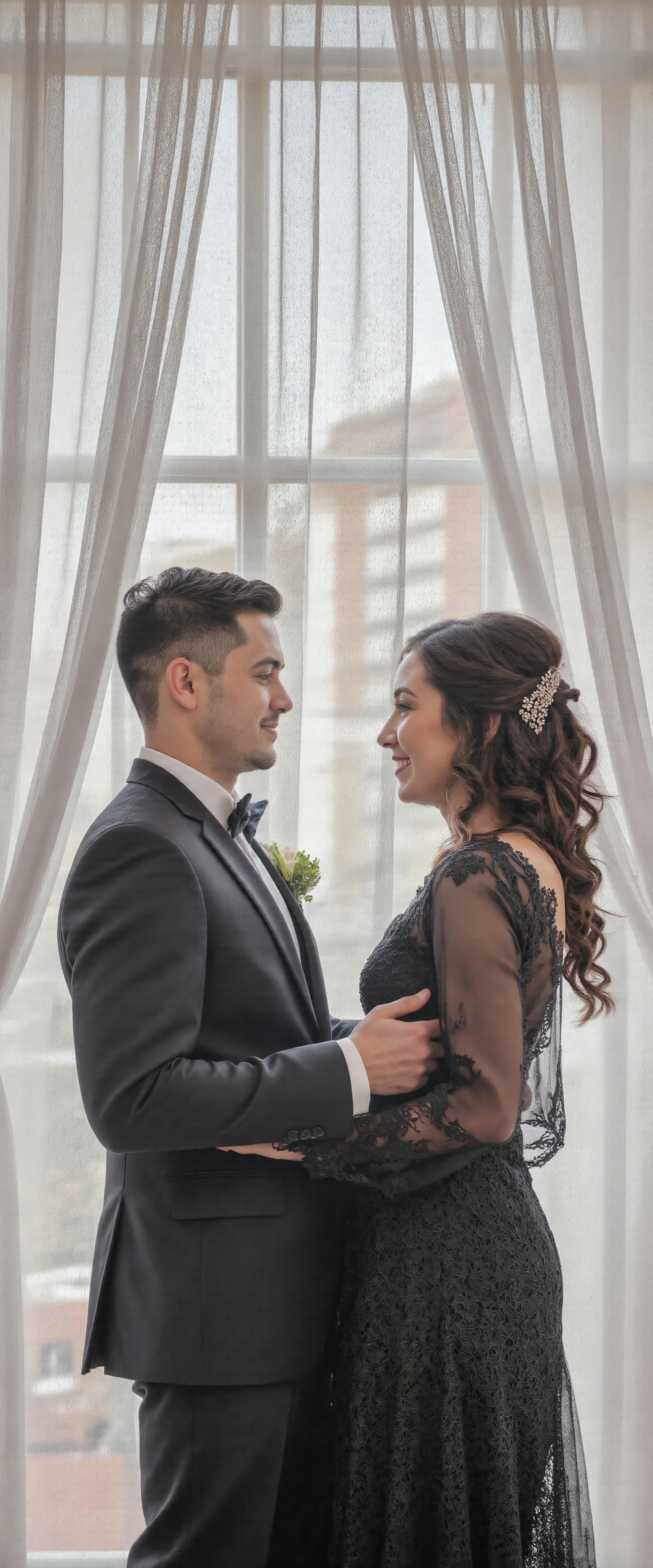 Couple in Wedding Attire Posing in Front of a Window #40112