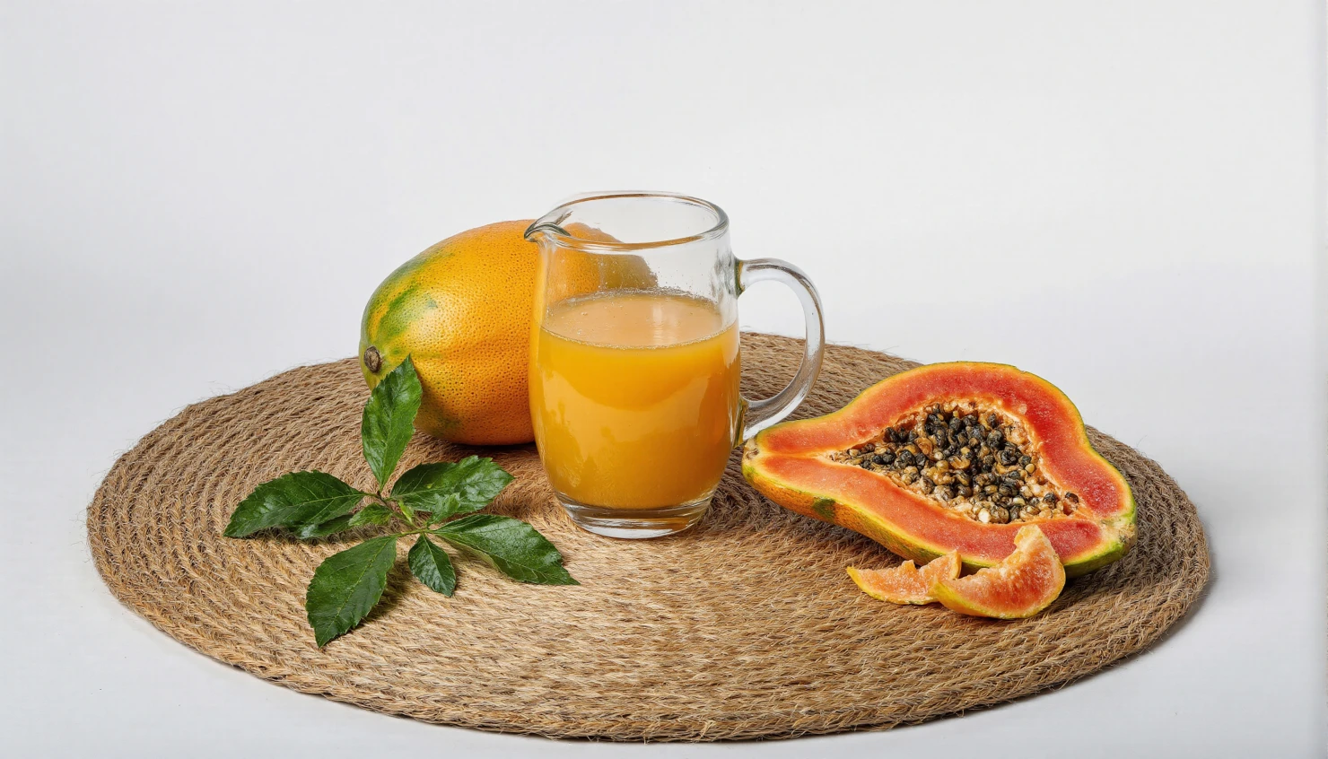 Fresh Papaya Juice with Ripe Papaya Fruit on a Woven Mat #40119
