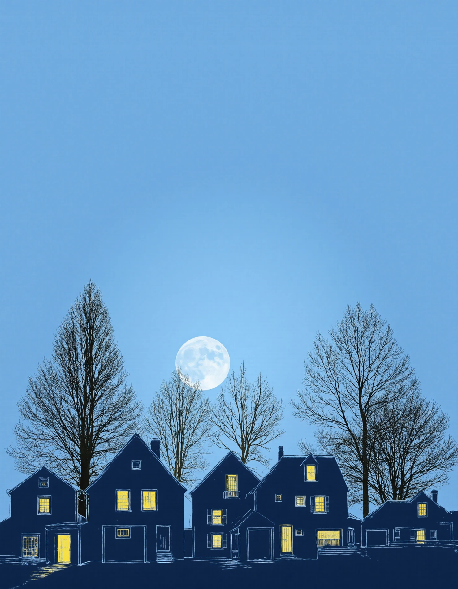 Nighttime Suburban Scene Houses, Moon, and Bare Trees #40123
