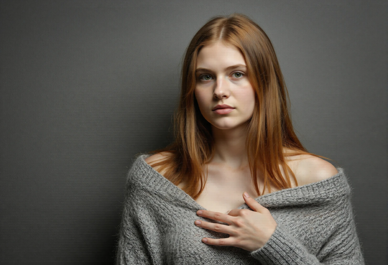 Young woman with long red hair poses for the camera #40124