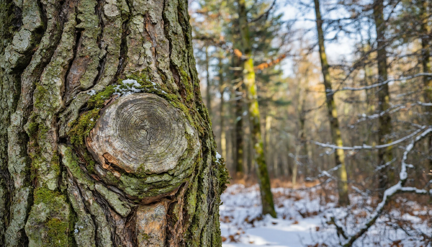 Winter Forest Scene Close-Up of Tree Trunk with Snow and Moss #40160