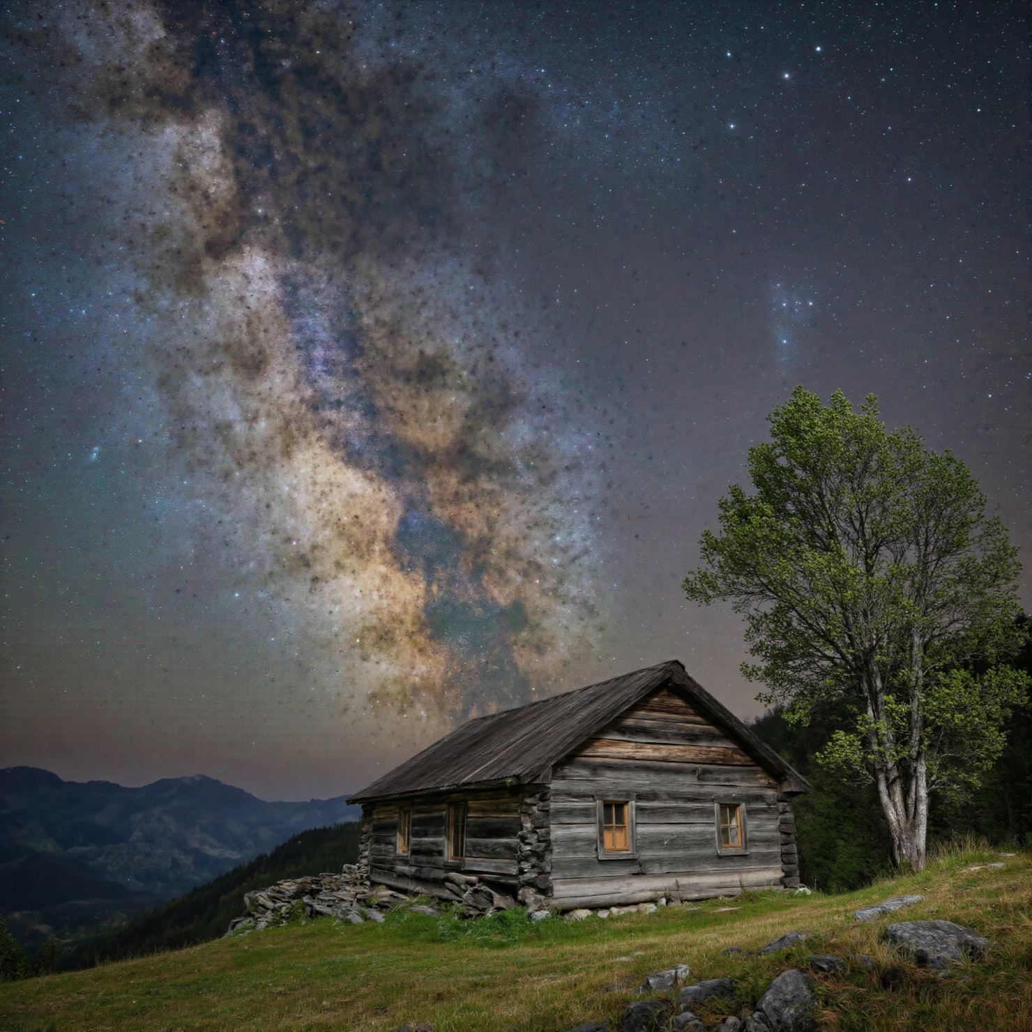 Milky Way Over Rustic Cabin in Mountain Landscape #40163