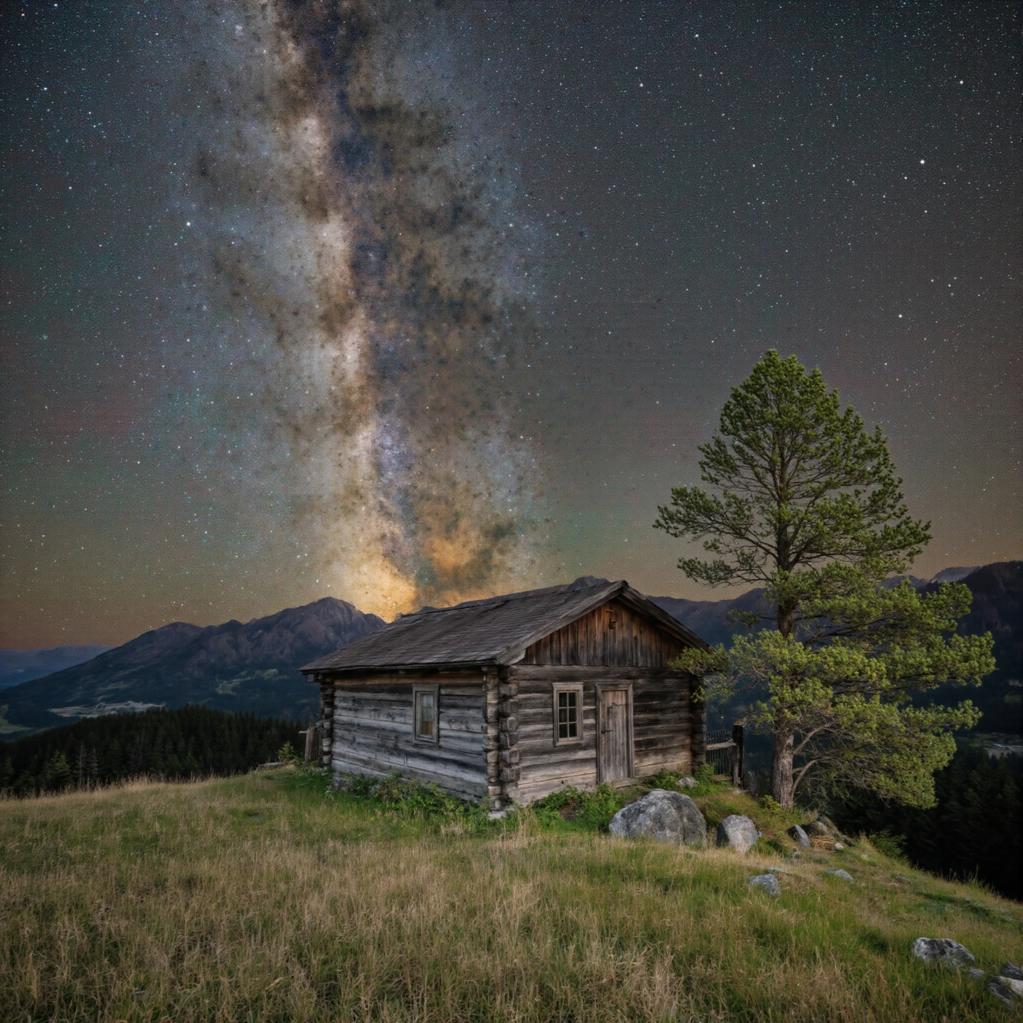 Milky Way Over Rustic Cabin in Mountain Landscape #40165