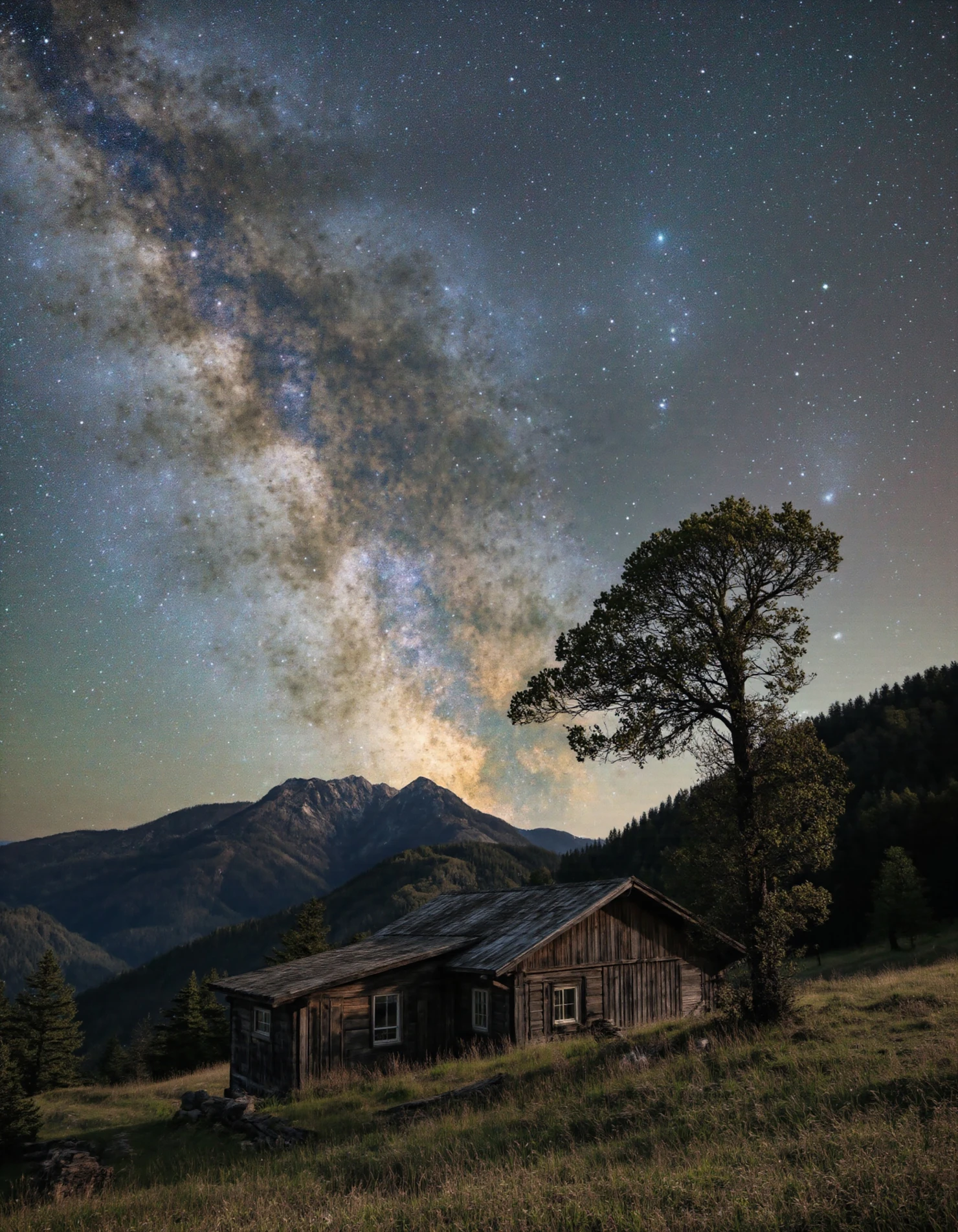 Milky Way Over Rustic Cabin in Mountain Landscape #40166