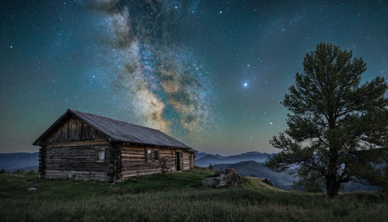 Milky Way Over Rustic Cabin in Mountain Landscape #40167