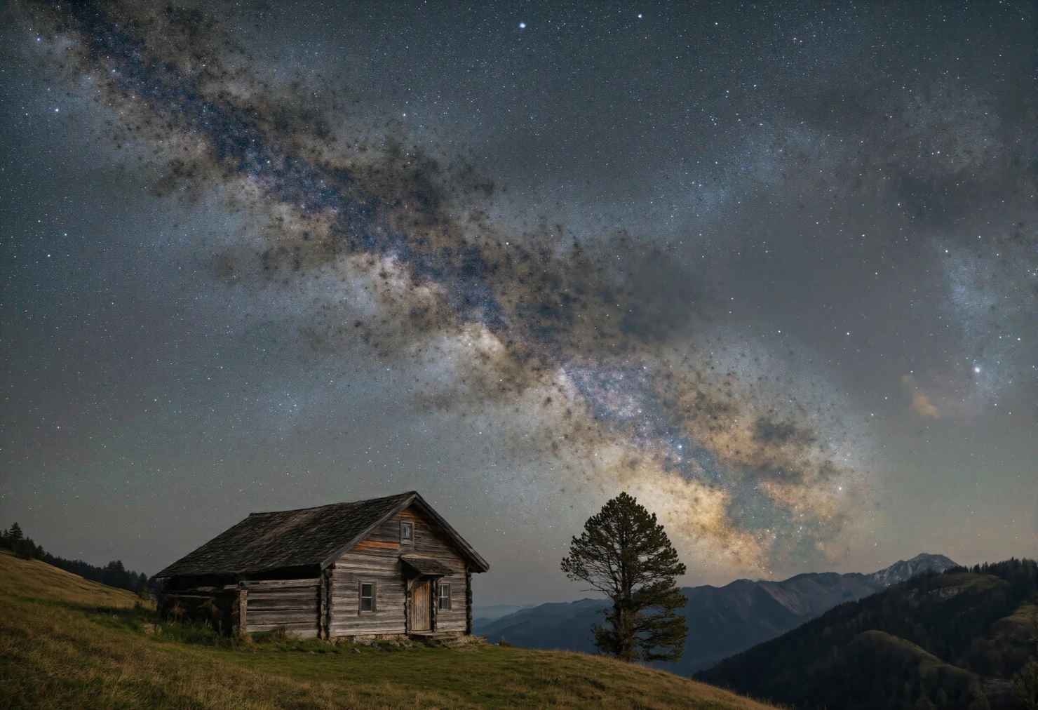 Milky Way Over Rustic Cabin in Mountain Landscape #40168