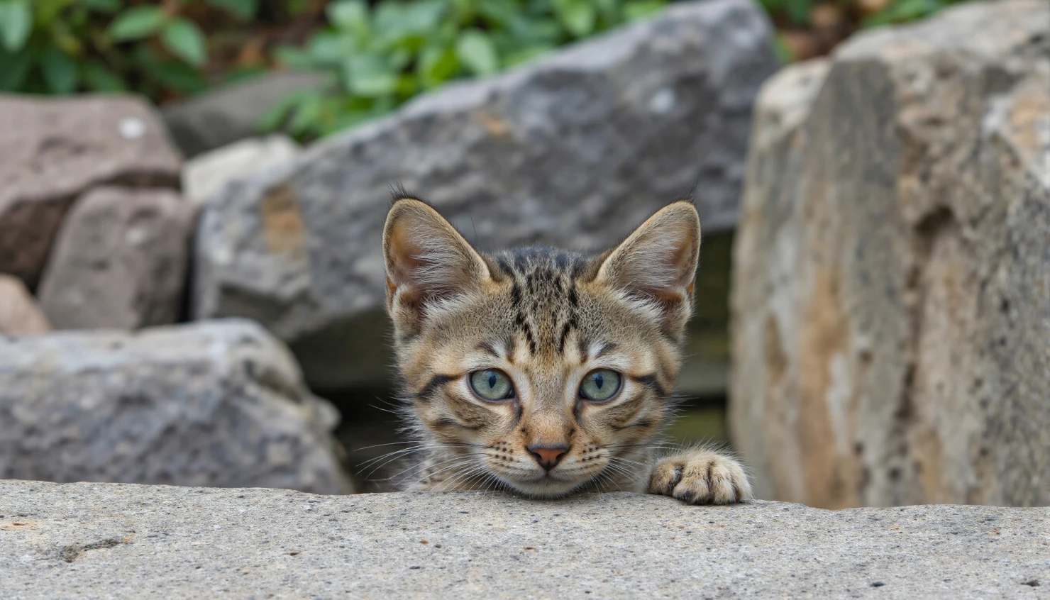 Adorable Kitten Peeking Over Rocks #40212