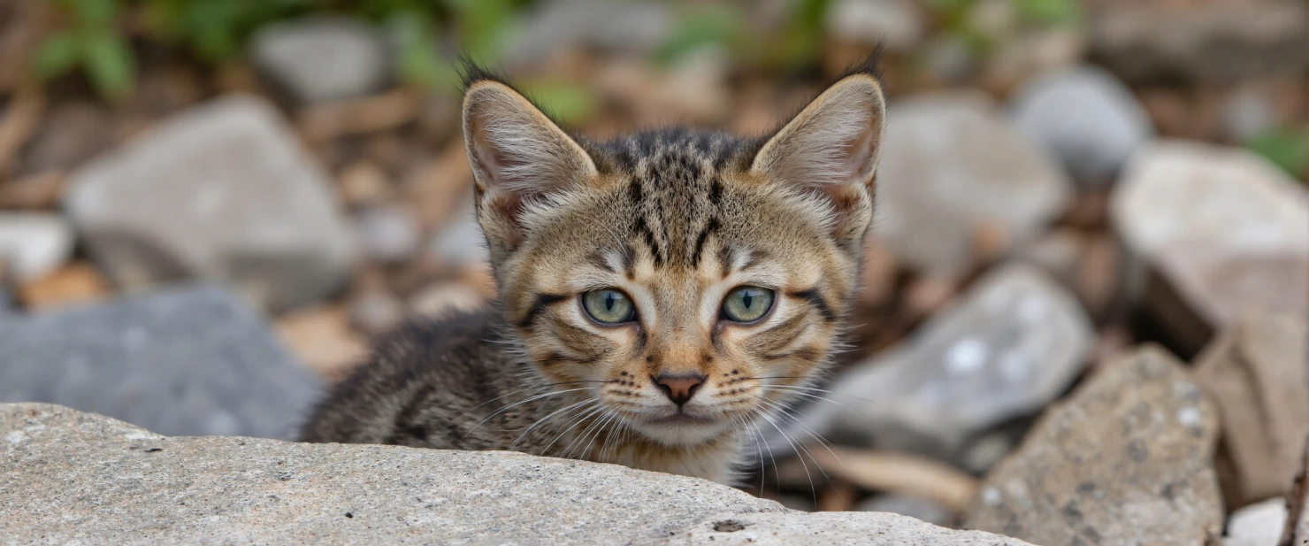 Adorable Kitten Peeking Over Rocks #40213