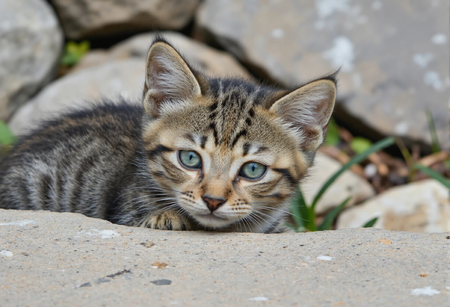 Adorable Kitten Peeking Over Rocks #40214