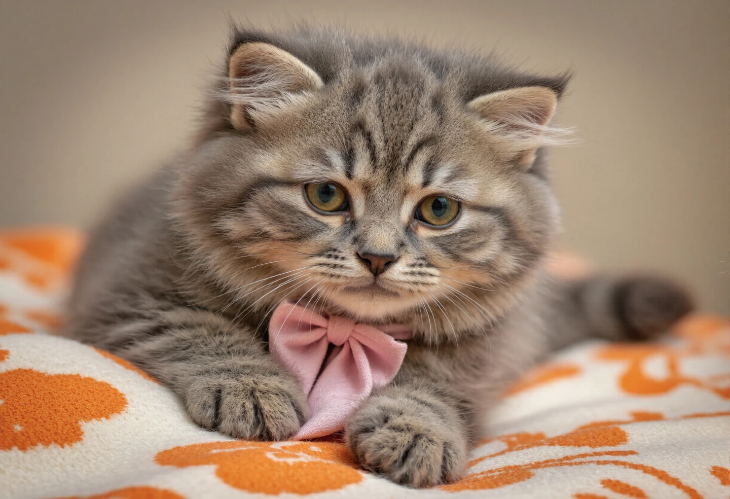 Adorable Gray Kitten with Pink Bow Resting on a Floral Blanket #40222