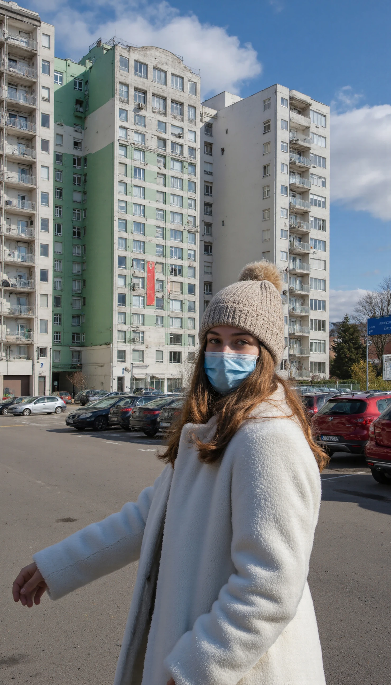 Woman in a Face Mask and Winter Clothes in Front of Apartment Building #40223