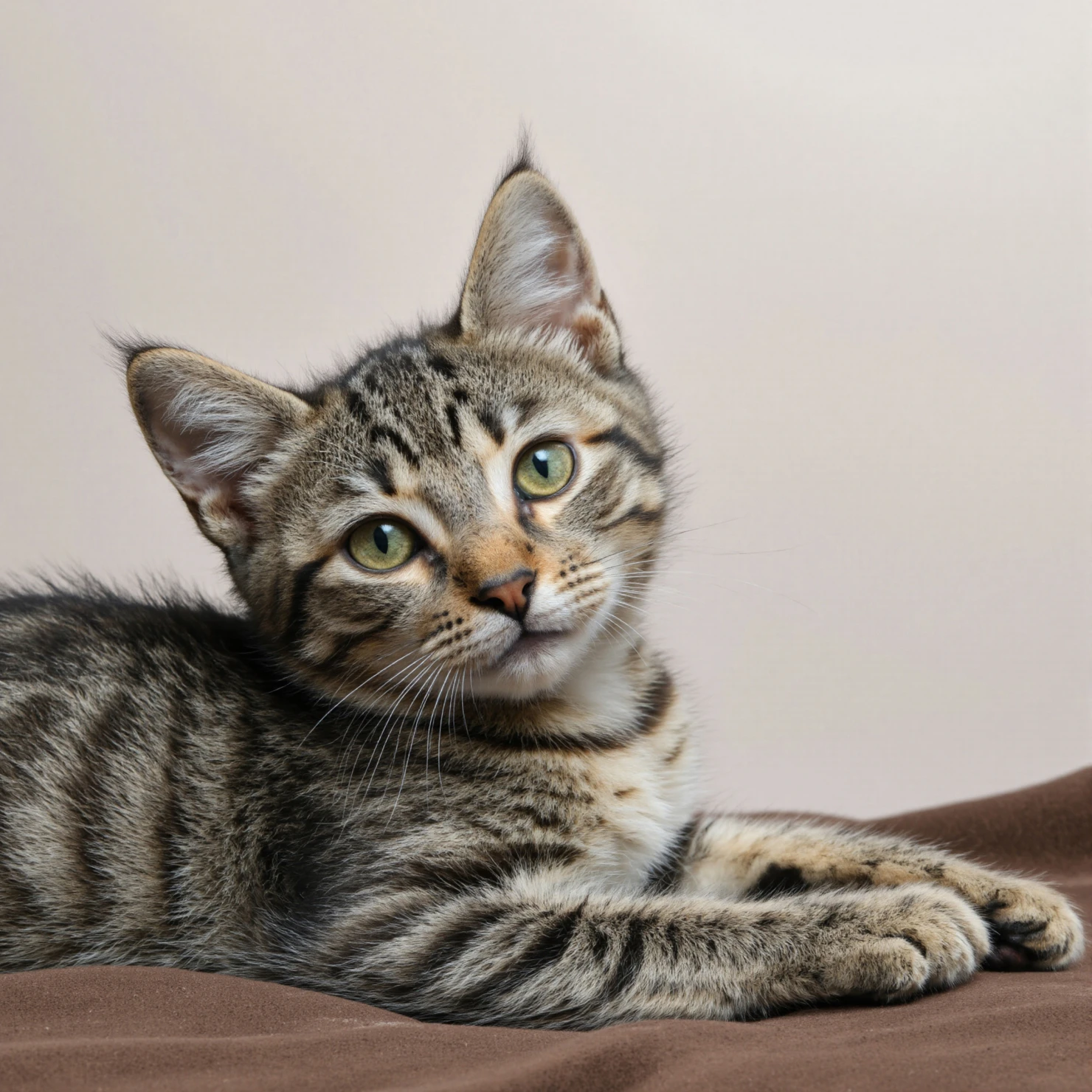 Cozy Domestic Tabby Cat Relaxing on a Sofa #40225