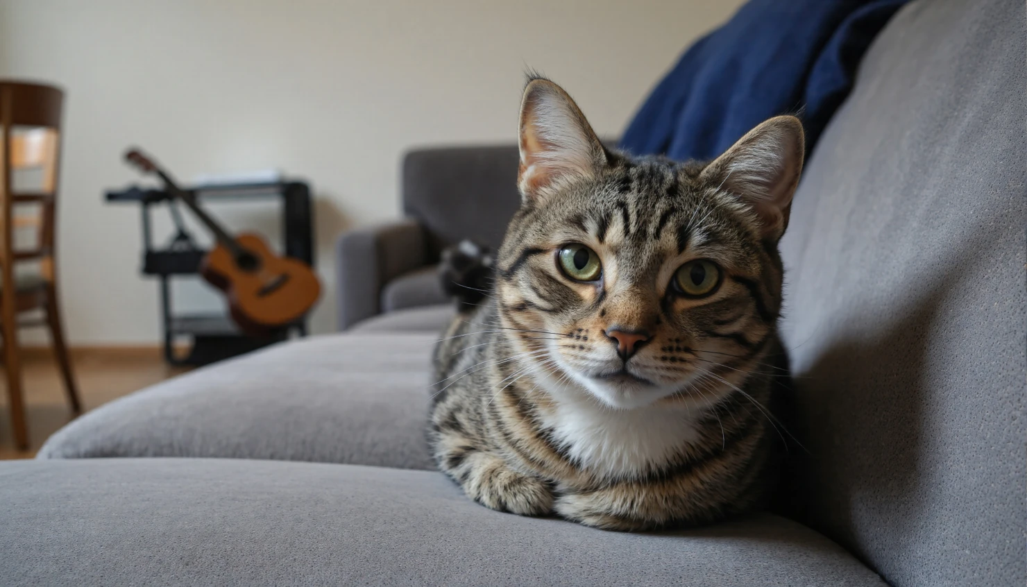 Cozy Domestic Tabby Cat Relaxing on a Sofa #40226