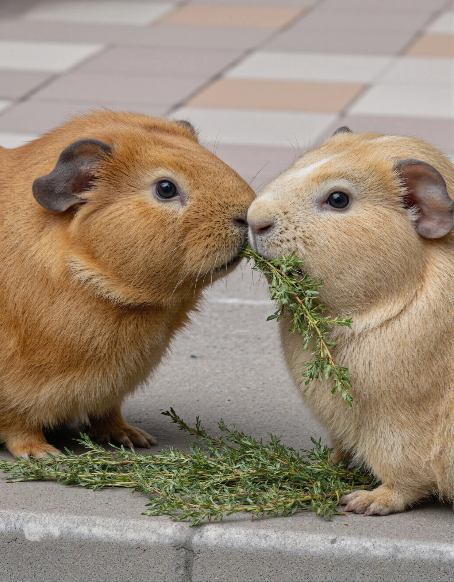 Two adorable guinea pigs interacting in a close-up shot, one eating leaves #40244