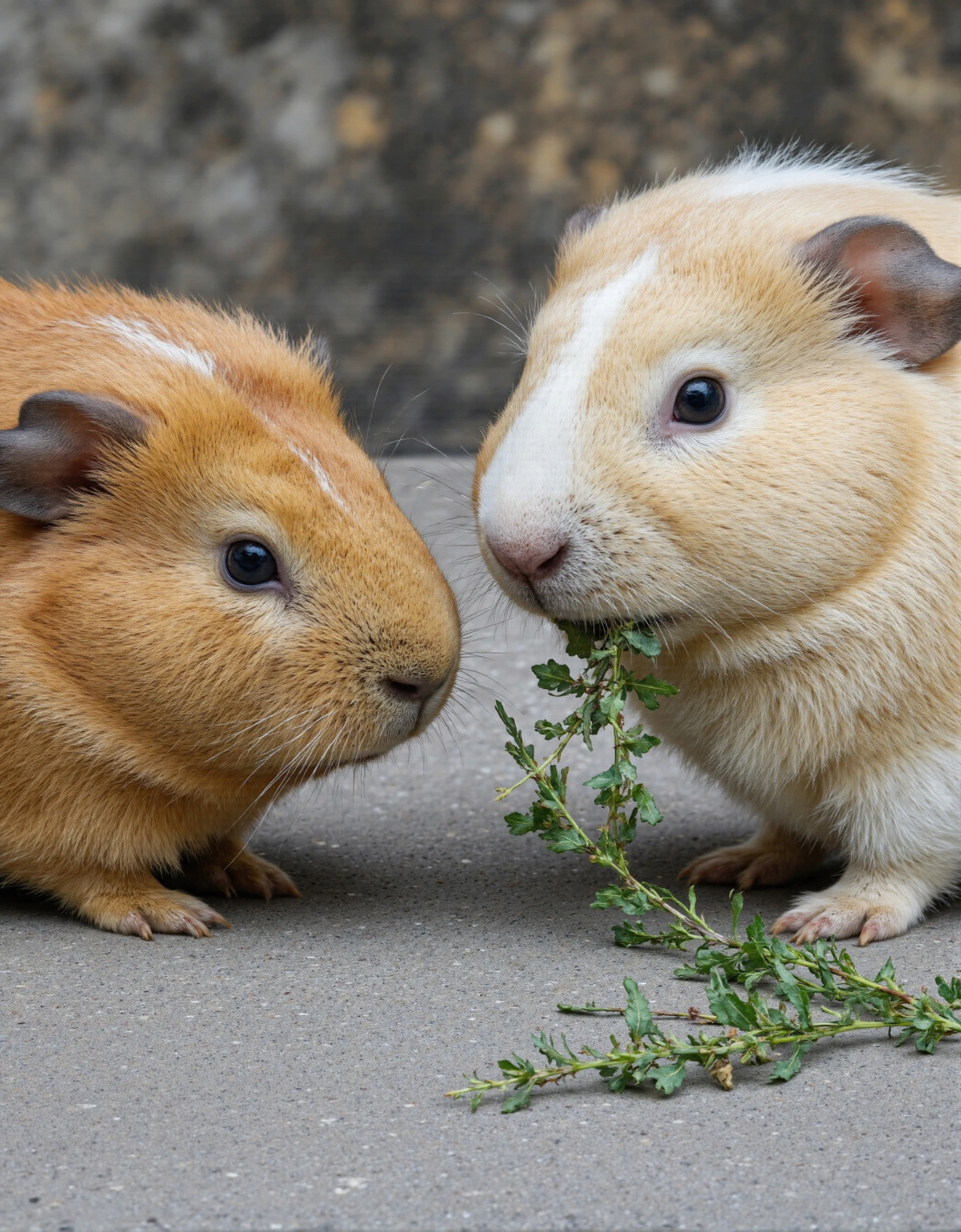 Two guinea pigs nose to nose with green herb #40247
