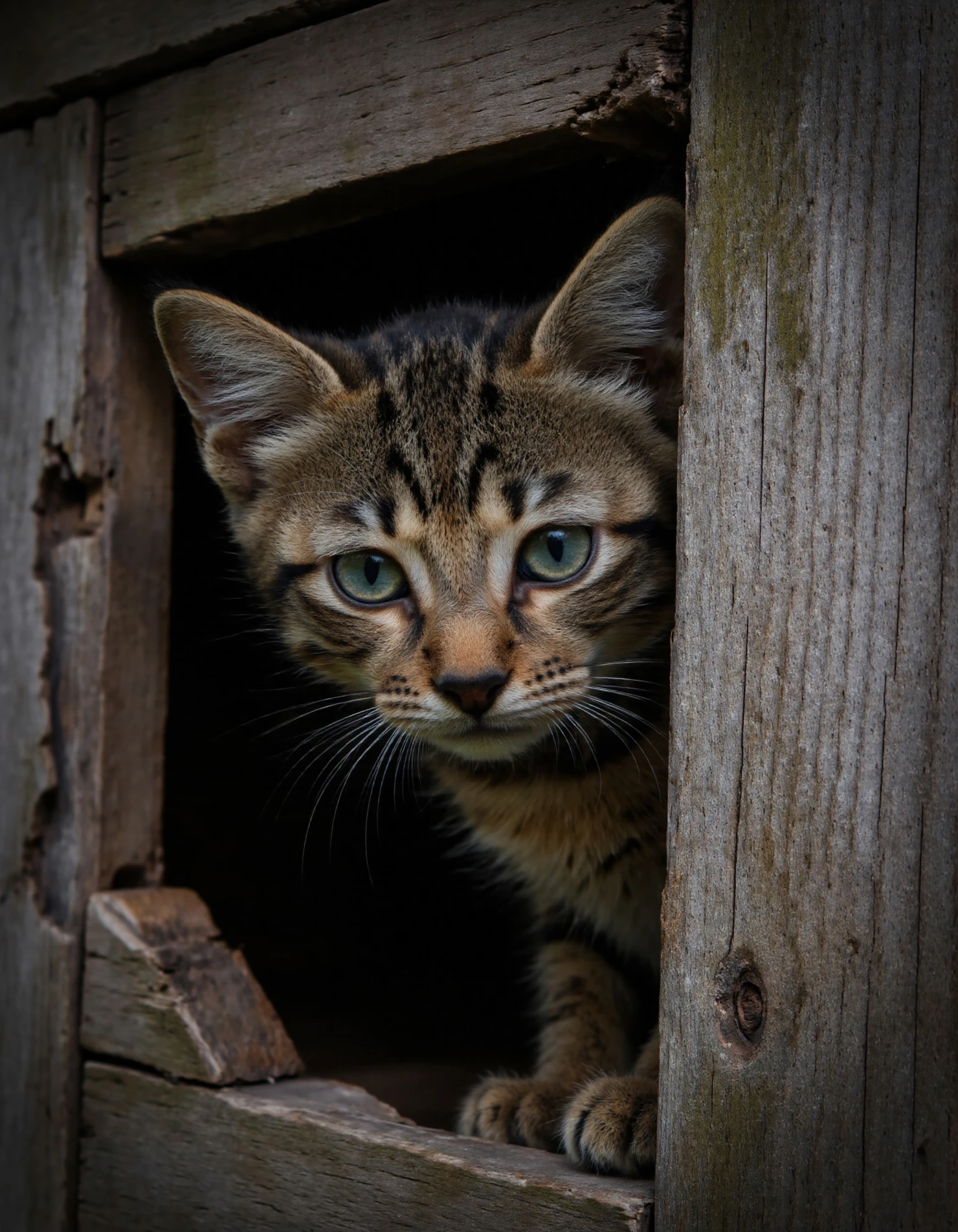 Curious Kitten Peeking Out of Wooden Structure #40253