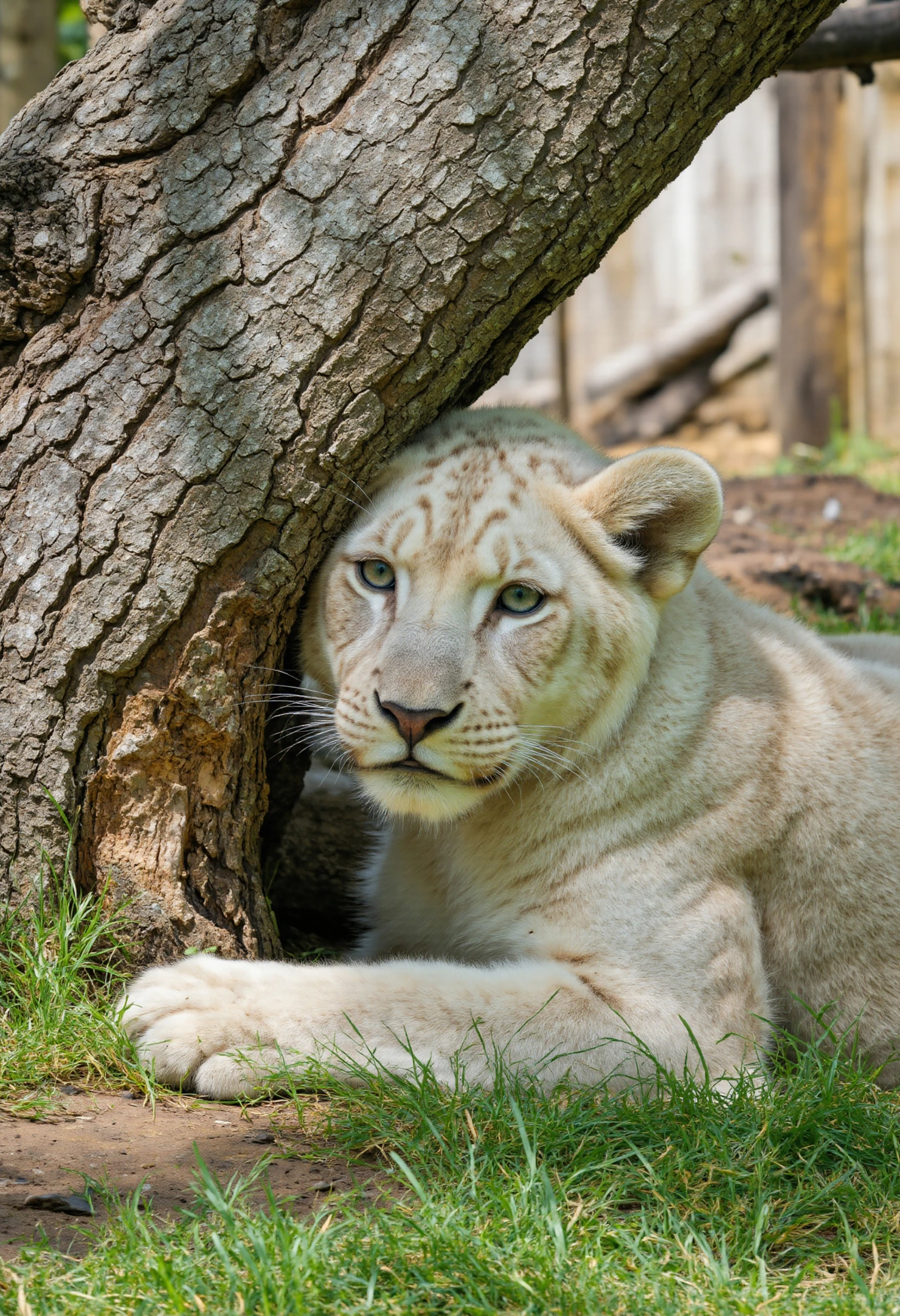 White Lion Cub Resting by Tree Trunk #40256