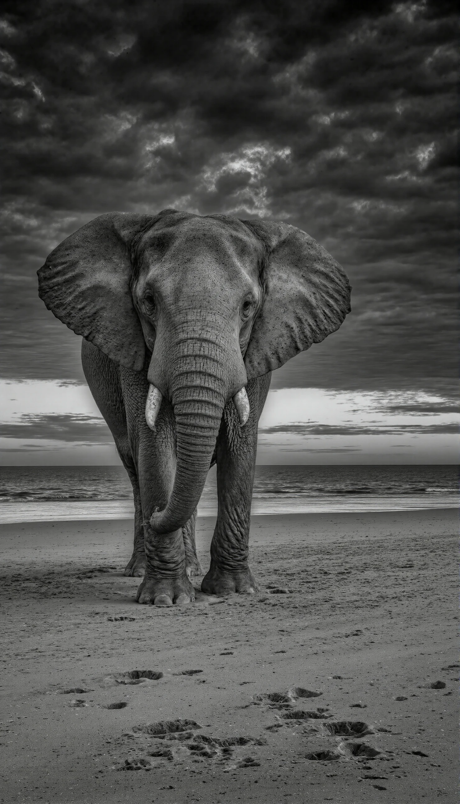 Elephant Standing on a Beach in Black and White #40261