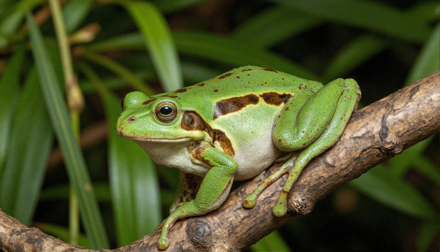 Green tree frog perched on a branch with lush greenery. #40265