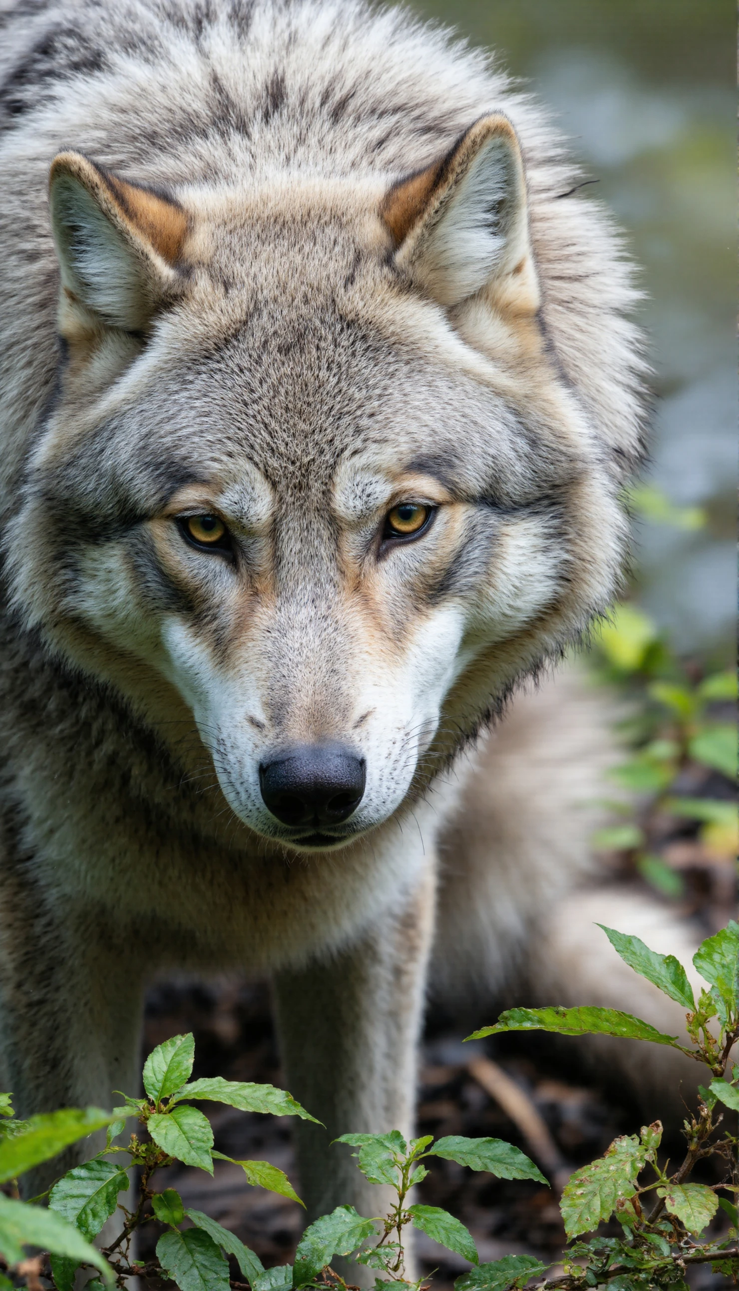 Intense gaze of a majestic gray wolf amidst lush foliage, focused portrait #40273