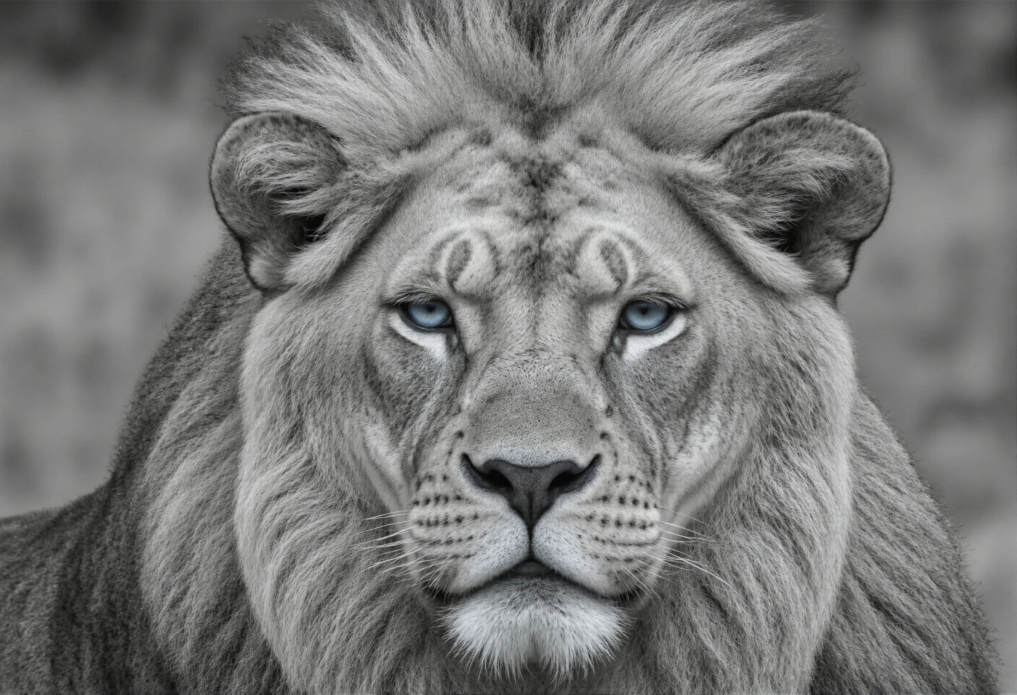 Majestic Lion Gaze Striking Black and White Portrait with Intense Blue Eyes #40288