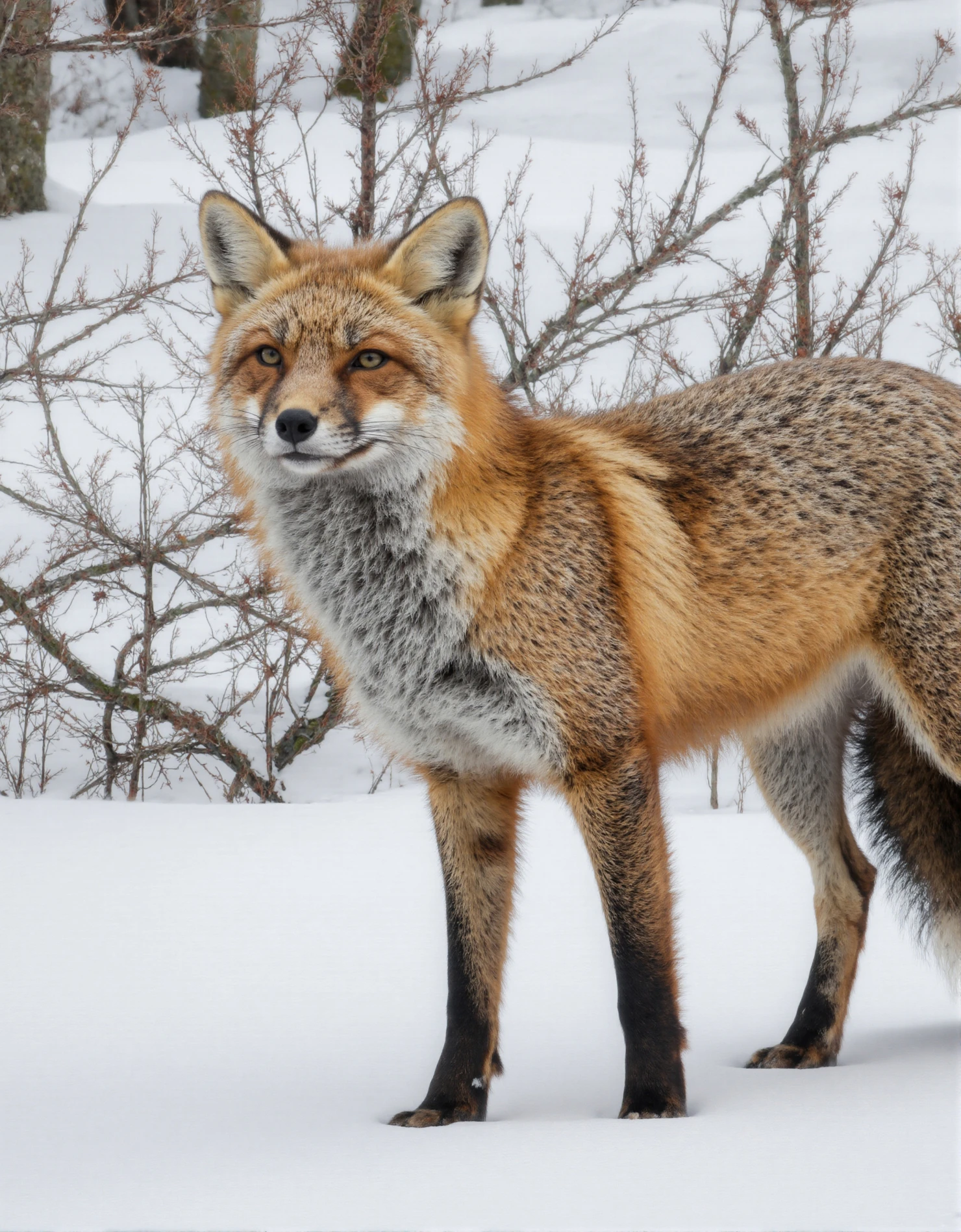 A majestic red fox stands in a snowy winter landscape. #40304