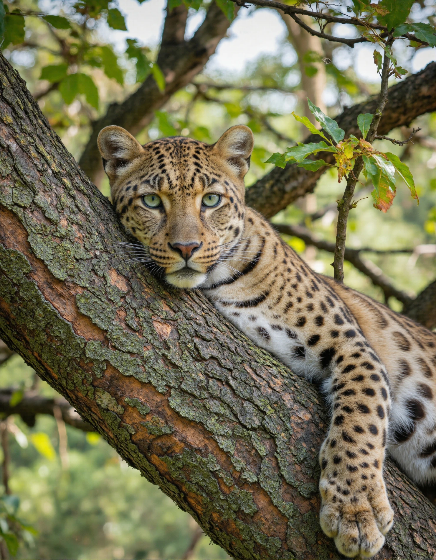 Leopard resting on a tree branch with captivating gaze #40308