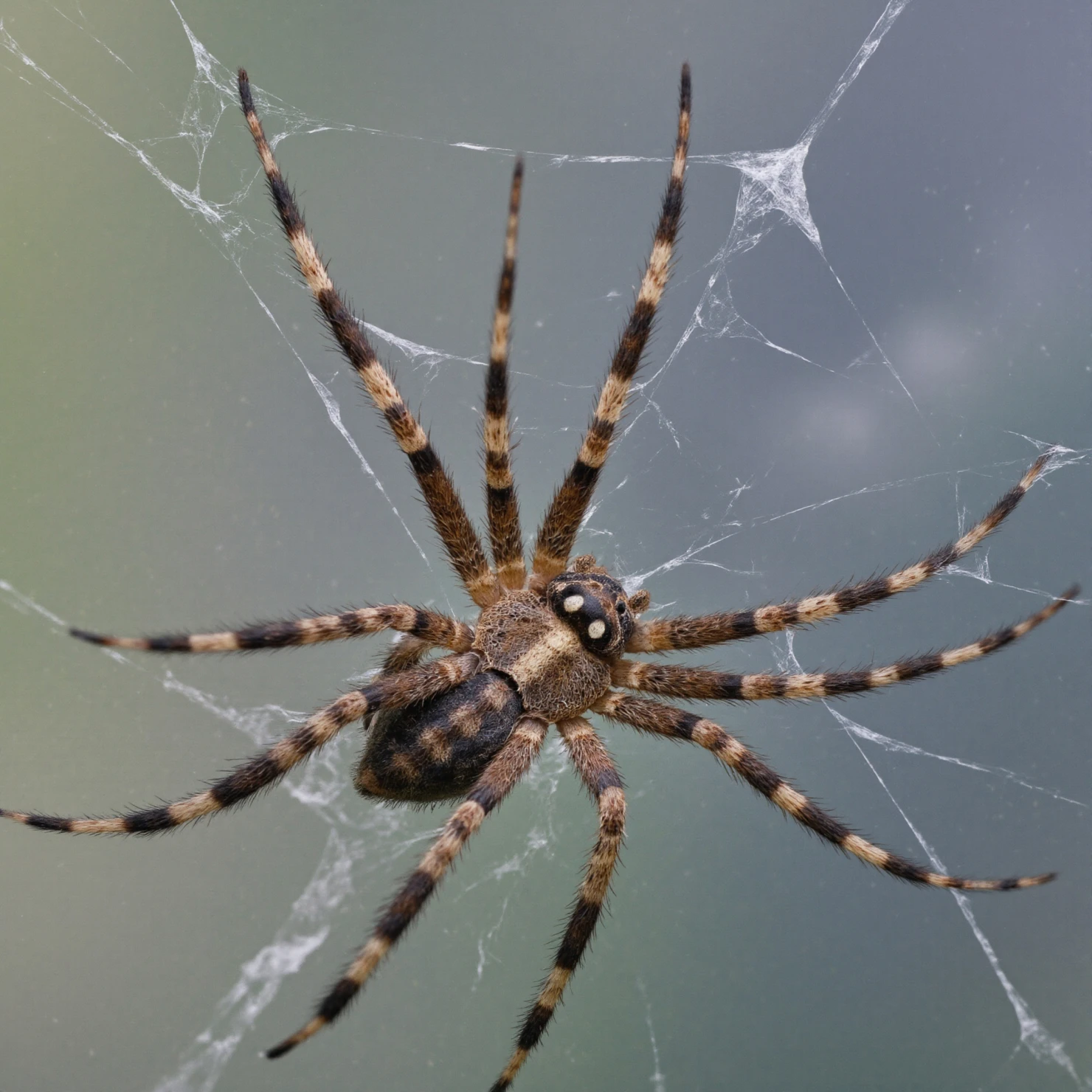 Spider on Web Close-up of a Brown and Black Striped Arachnid #40313