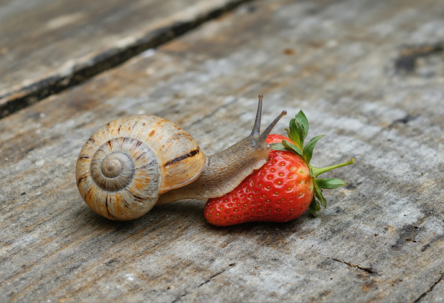 Snail enjoying a juicy strawberry on a weathered wooden surface. #40348