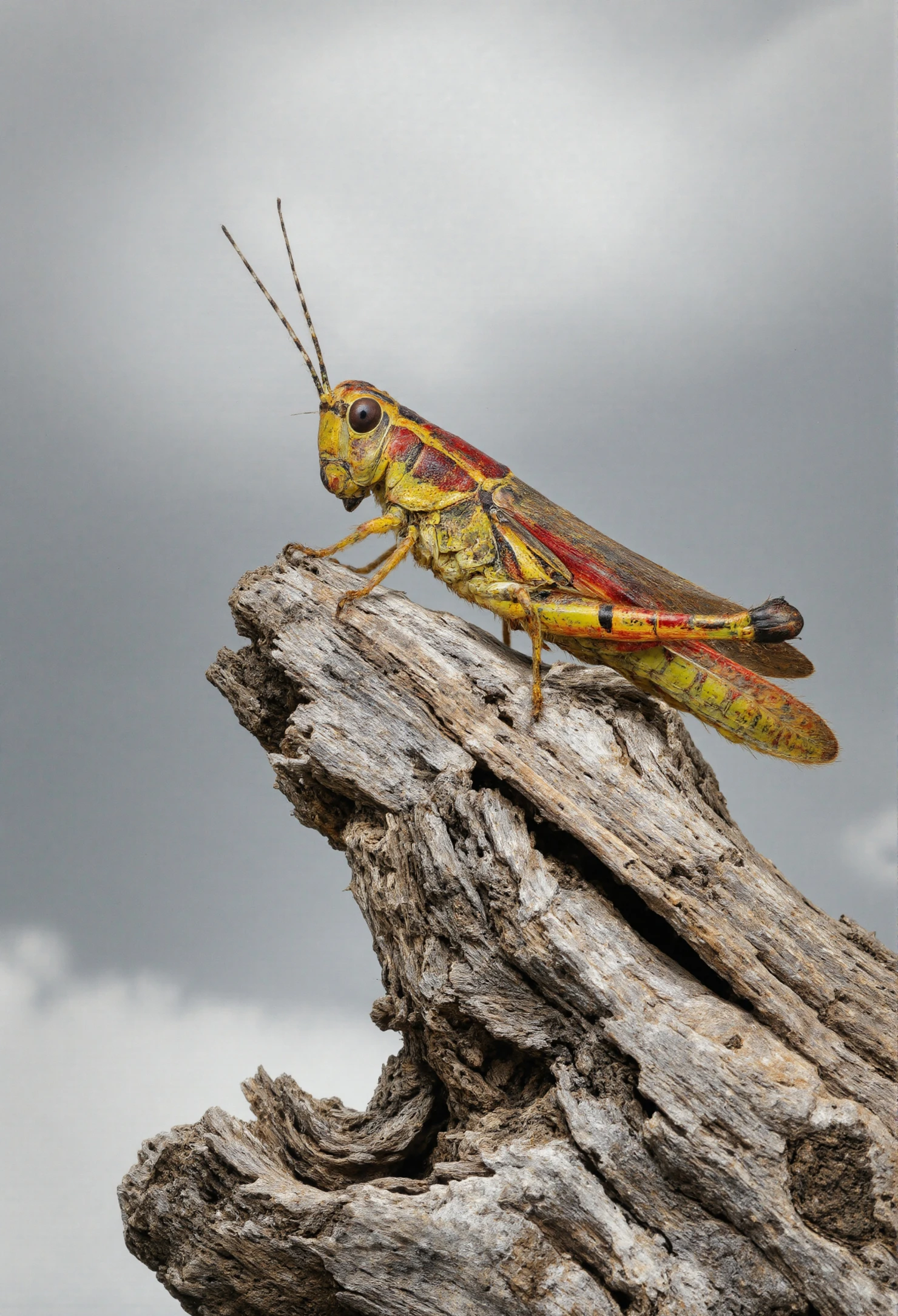 Colorful Grasshopper Perched on Weathered Wood #40359