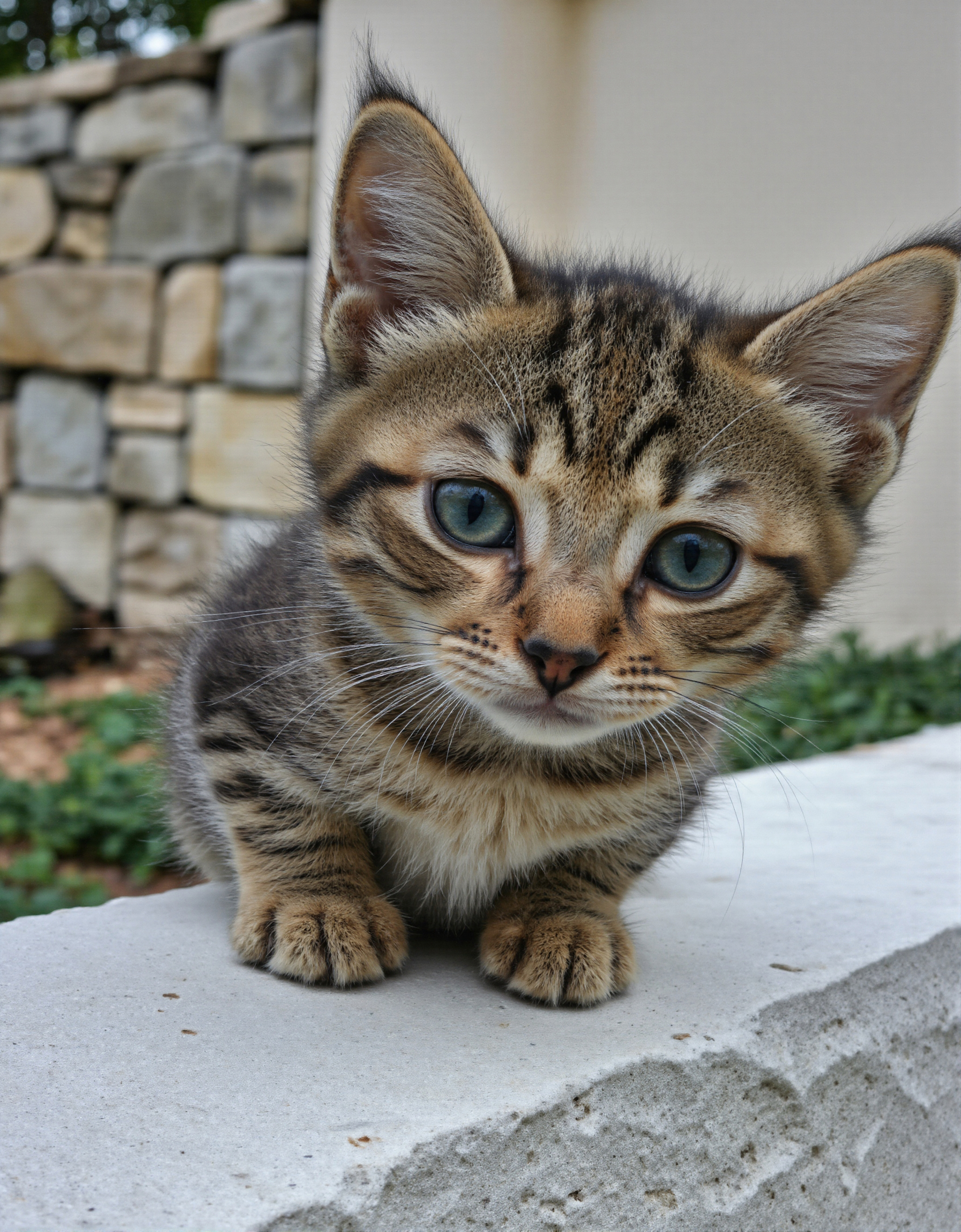 Adorable kitten with striking blue eyes posing on a stone ledge #40399