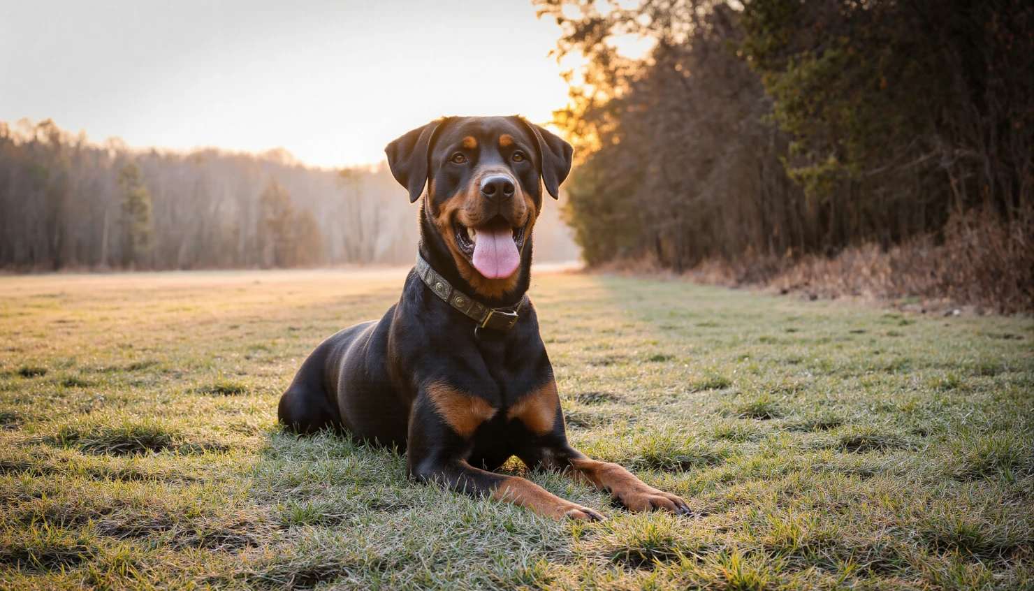 Doberman Pinscher resting in a grassy field, basking in sunlight #40366