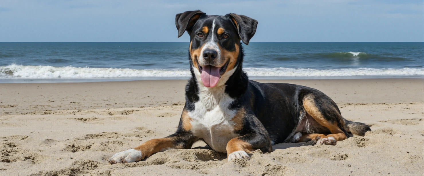Happy dog resting on the beach with ocean waves #40367