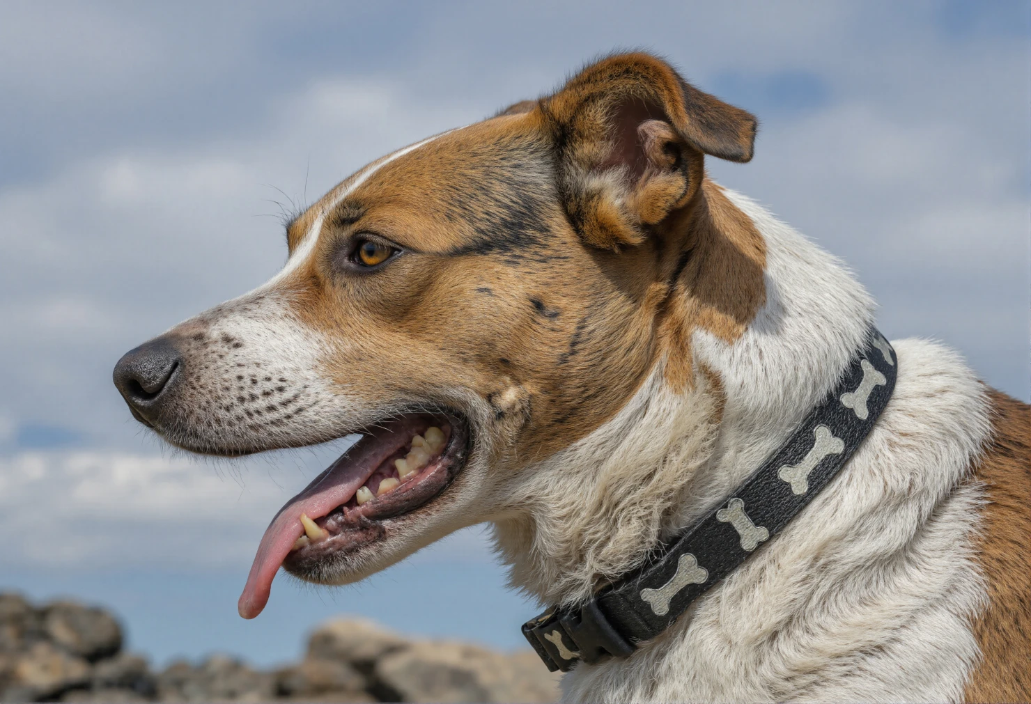 Happy dog with tongue out, wearing a collar with bone designs, side profile view #40368