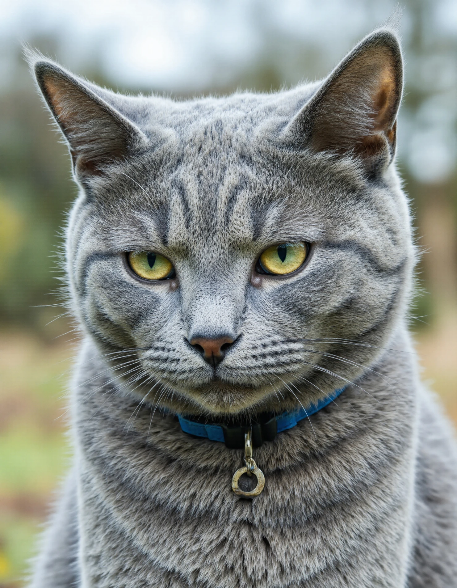 Close-up of a charming gray cat with yellow eyes, wearing a blue collar and looking directly at the camera. #40376