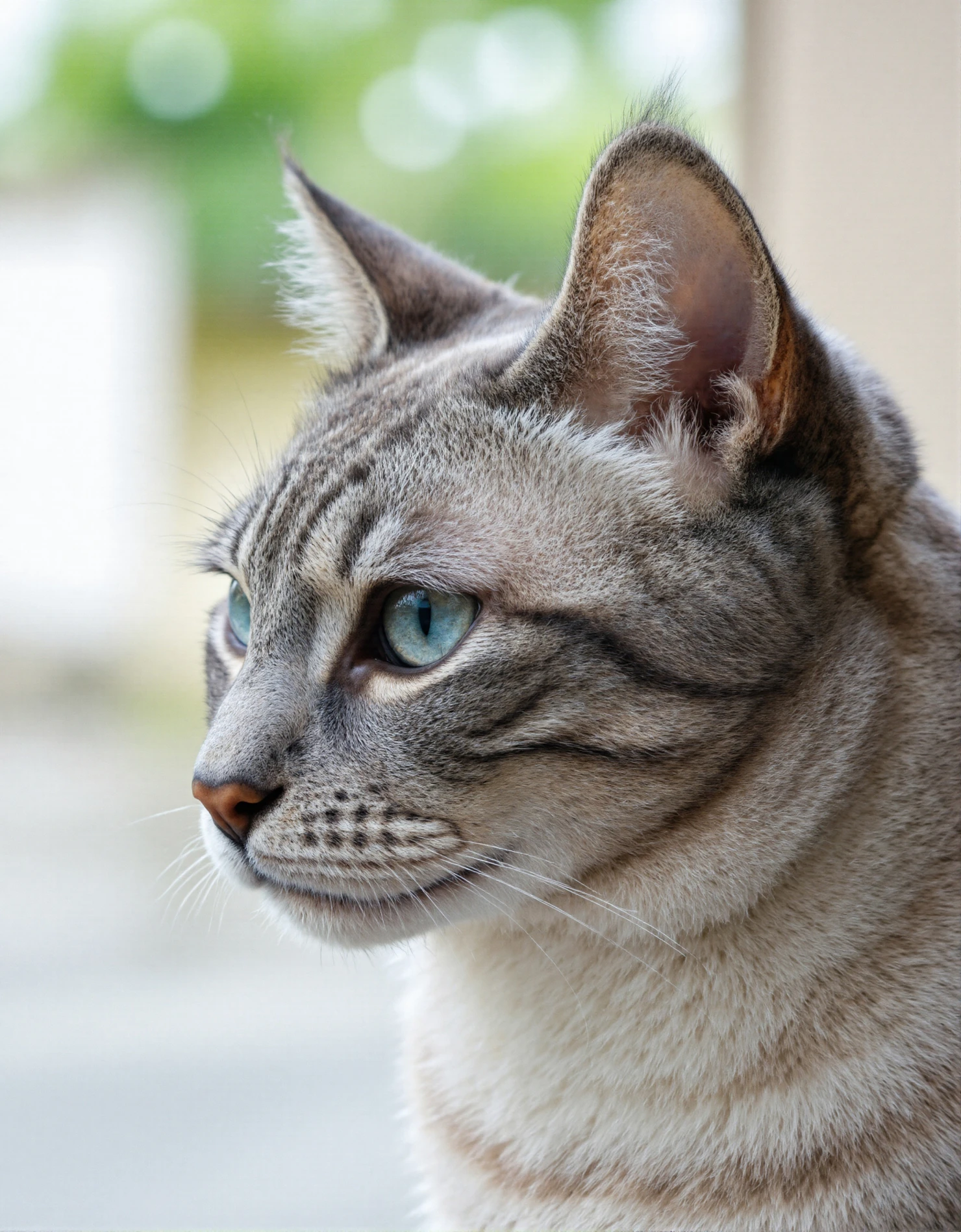 Close-up of a stunning silver tabby cat with mesmerizing blue eyes, gazing intently. #40381
