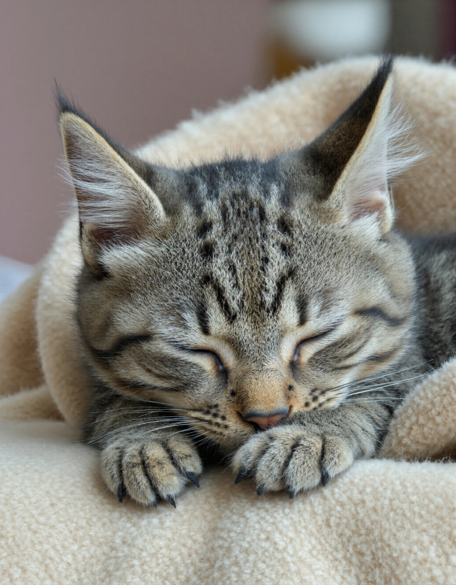 Sleeping tabby kitten nestled in a cozy blanket #40385