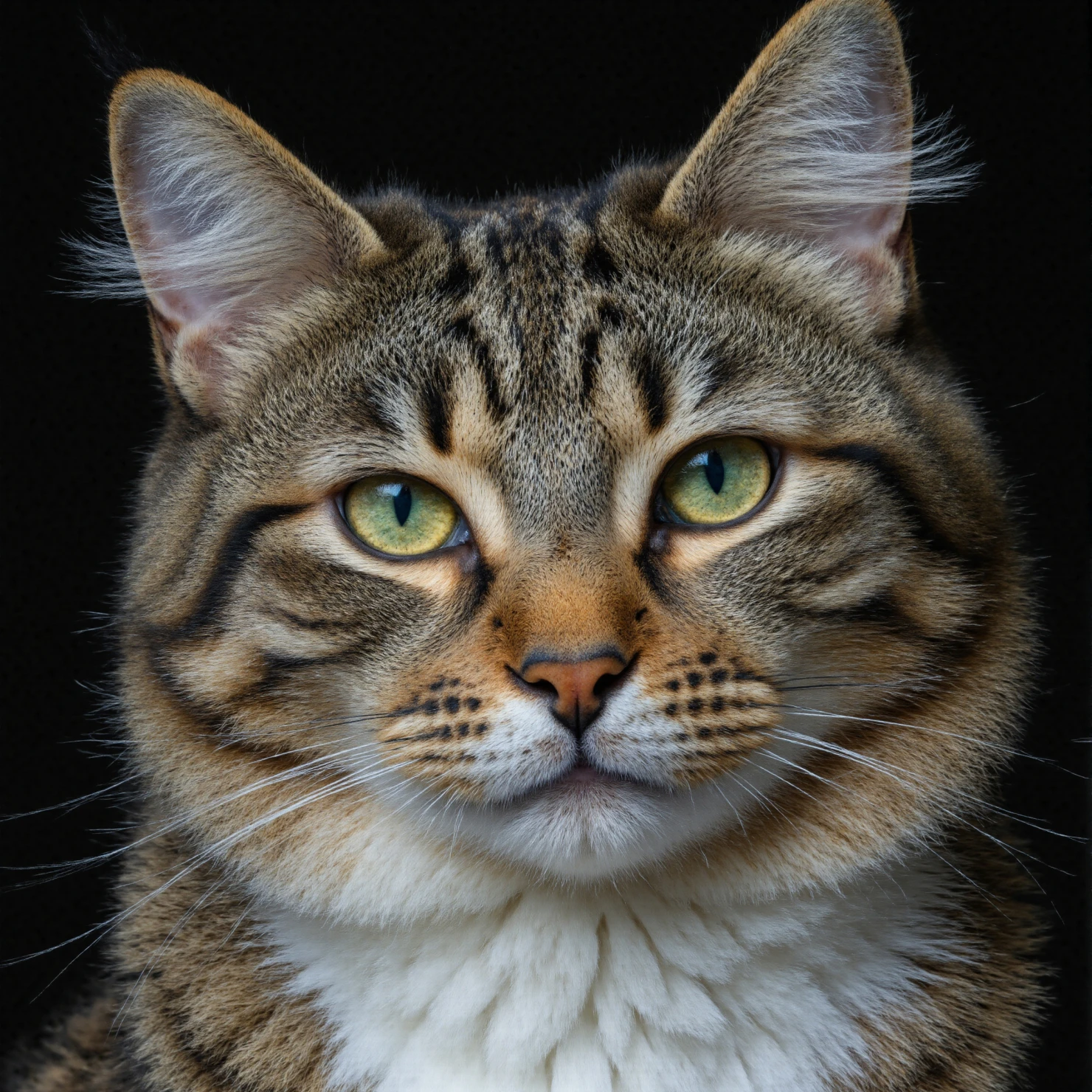 Close-up portrait of a beautiful tabby cat with striking green eyes against a dark backdrop. #40390