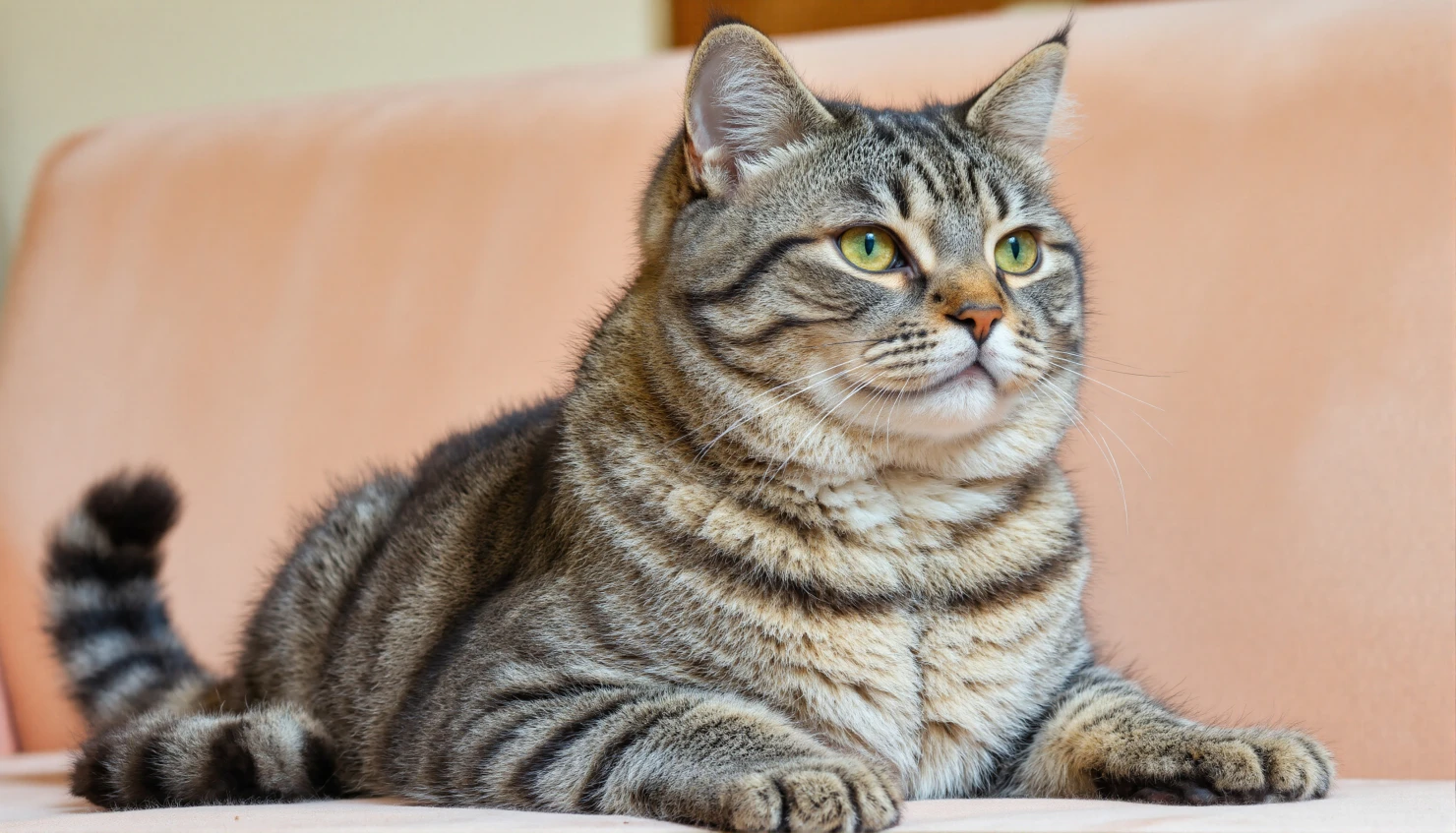 Majestic Tabby Cat Resting on a Peach-Colored Couch #40395