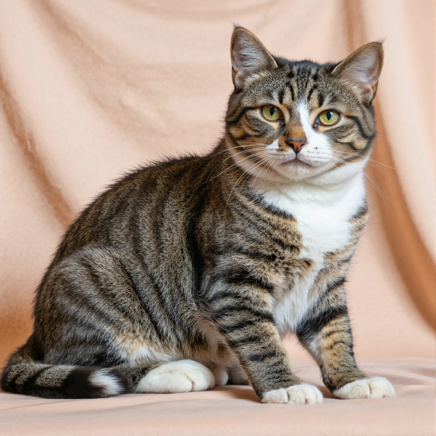 Adorable Tabby Cat with White Chest and Paws Posing Gracefully #40397