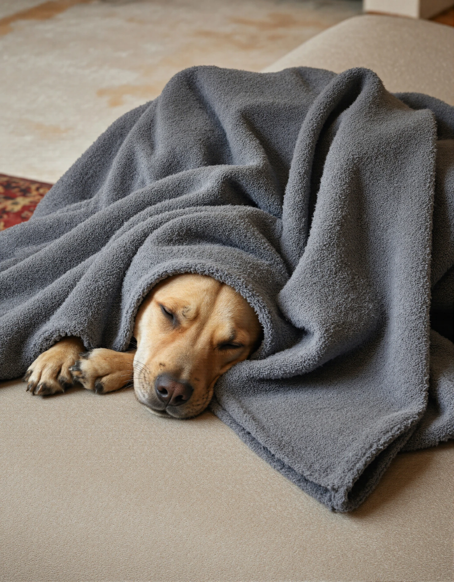 Cozy Dog Snuggled Under a Gray Blanket on a Sofa #40405