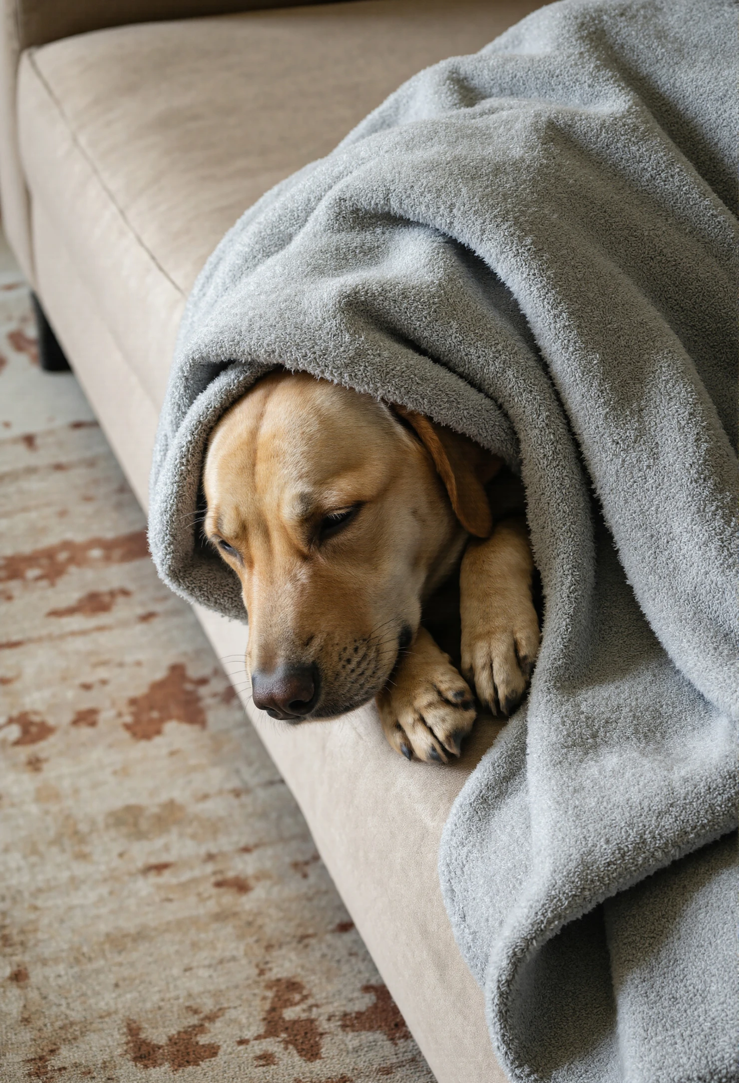 Cozy Labrador Retriever Snuggled Under a Blanket #40406