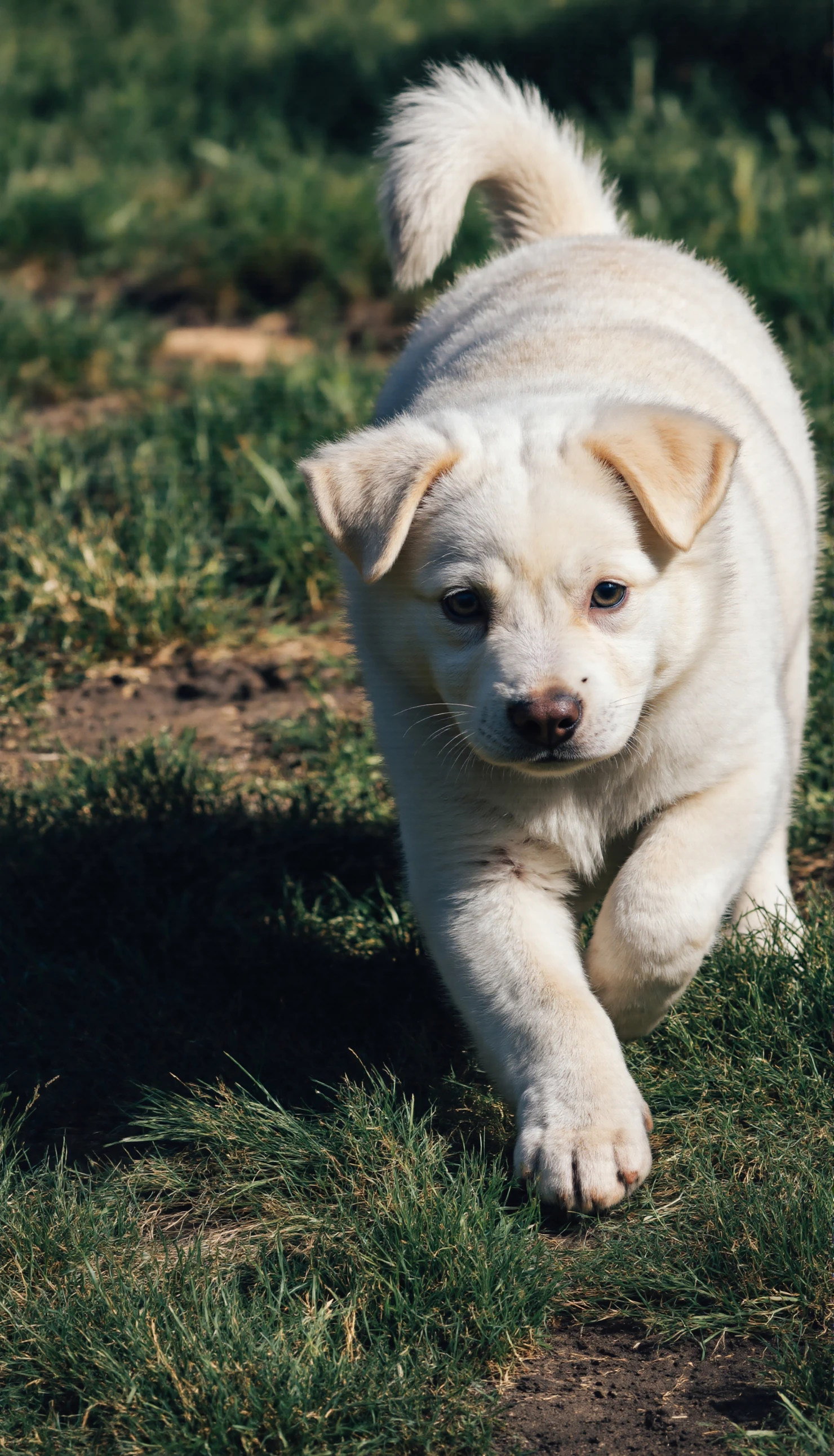 Adorable white puppy running towards the camera in a grassy field #40408