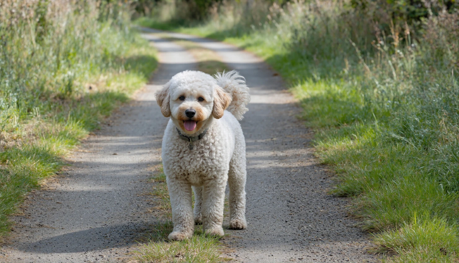 Smiling Goldendoodle Dog Posing on a Dirt Path in Nature #40410