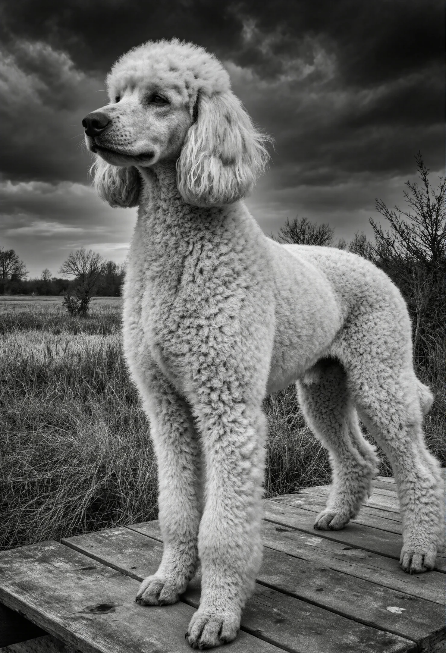 Elegant Poodle Portrait on Wooden Platform Against a Dramatic Sky #40411