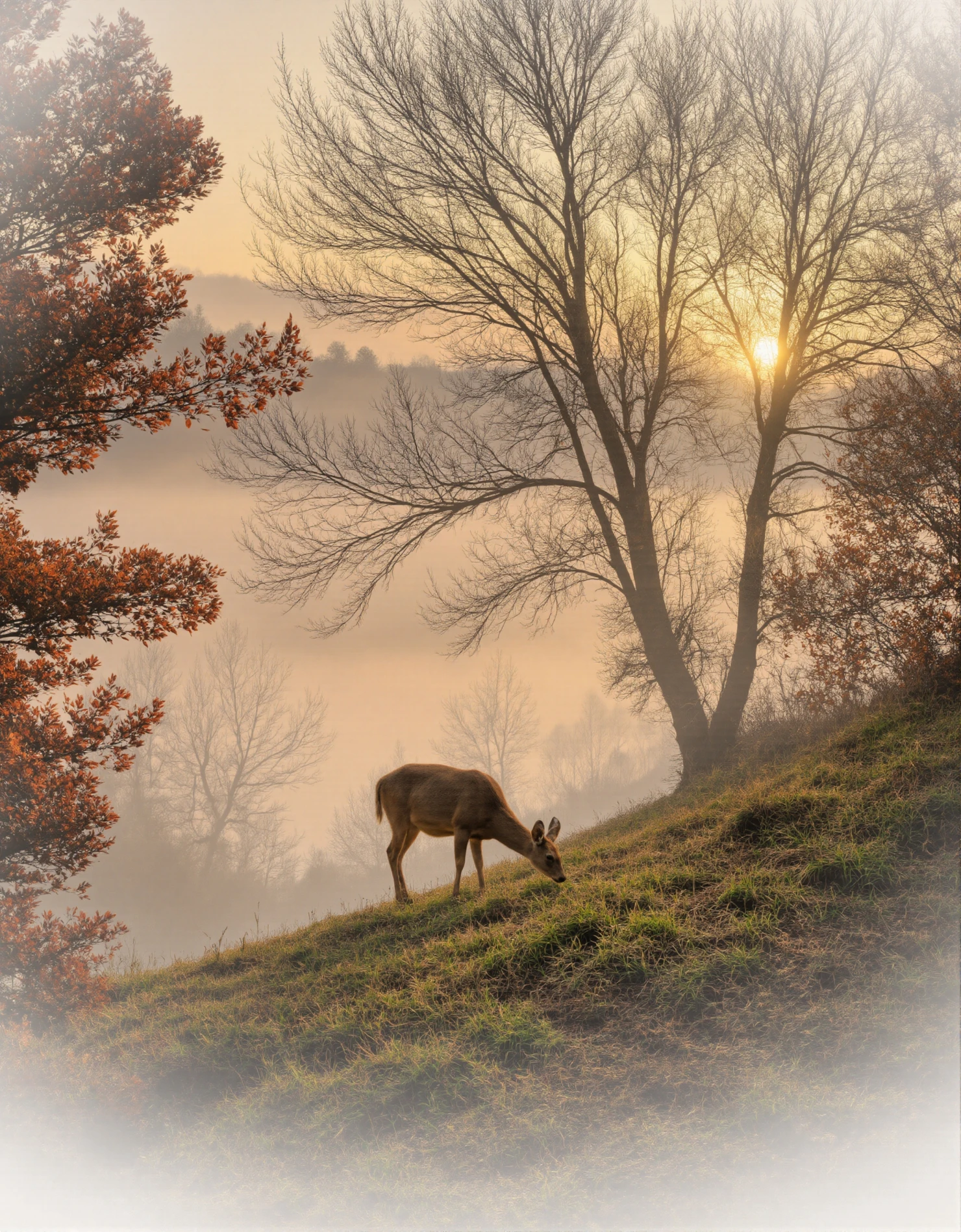 Deer Grazing in a Misty Meadow at Sunrise #40415